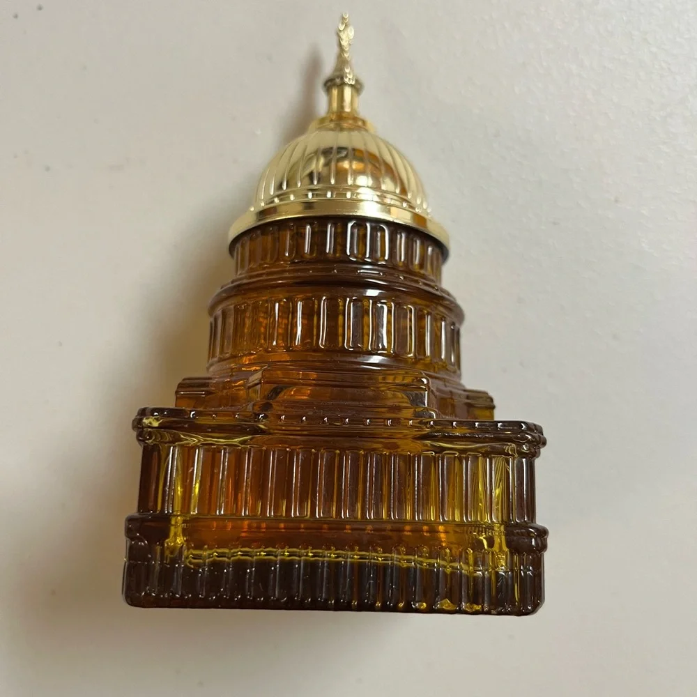 Vintage Avon Capitol Building Amber and Gold Cologne Bottle